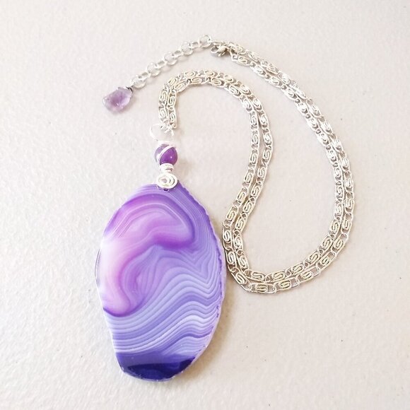 Purple Agate Geode Statement Necklace! Big Bold & Bodacious! Lilac Lavender Plum - Picture 1 of 8